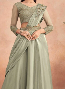 Light Green Chinon Silk Embroidered Ready Pleated Saree Party Wear