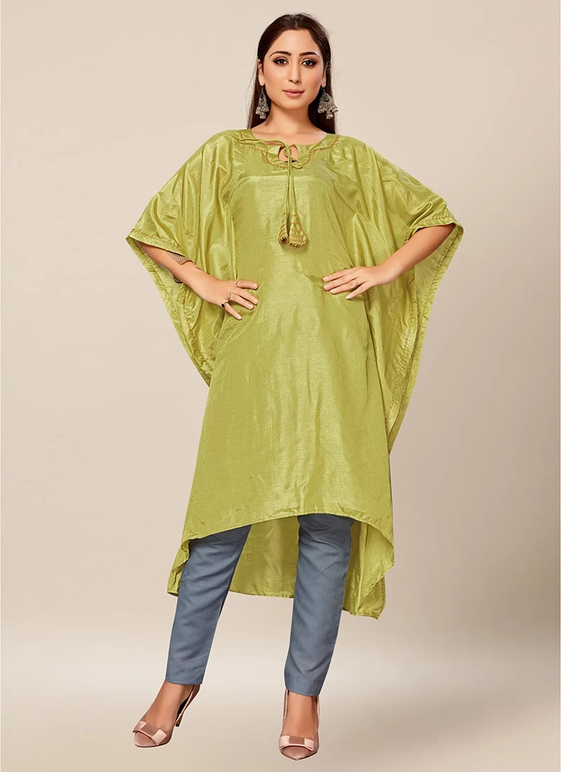 Light Green Dola Silk Kaftan Work Wear 3 Light Green Dola Silk Kaftan Work Wear - Image 3