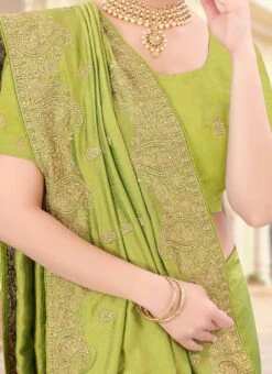Light Green Vichitra Silk Zari Embroidery Saree Party Wear