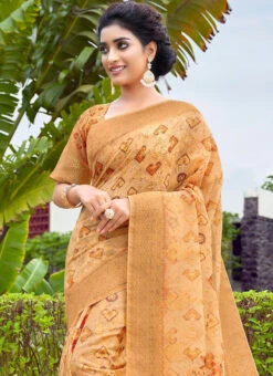 Light Orange Silk Paint Print Work Saree Festive Wear -Deals Chic Lehenga Store light orange silk paint print work saree samkns10232458 b