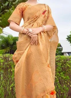 Light Orange Silk Paint Print Work Saree Festive Wear