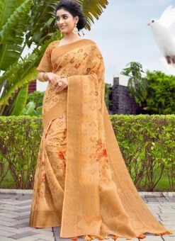 Light Orange Silk Paint Print Work Saree Festive Wear -Deals Chic Lehenga Store light orange silk paint print work saree samkns10232458 u