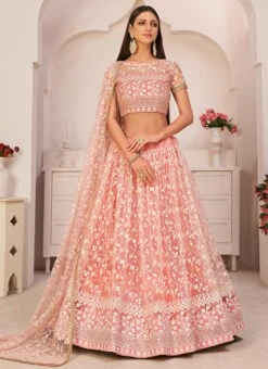 Light Pink Net Embroidery A Line Lehenga Party Wear -Deals Chic Lehenga Store light pink net embroidery a line lehenga ghskl2103 u