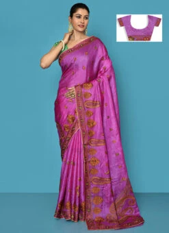 Magenta Color Embroidery Work Pure Silk Tussar Silk Saree Festive Wear -Deals Chic Lehenga Store magenta color embroidery work pure silk tussar silk saree savns131c u