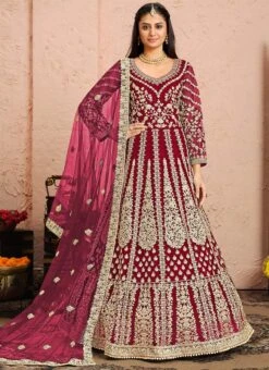 Magenta Pink Net Embroidered N Sequins Anarkali Suit Wedding Wear -Deals Chic Lehenga Store magenta pink net embroidered n sequins anarkali suit slsak28993004 u