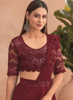 Maroon Chinon Silk Embroidered Ready Pleated Saree Party Wear -Deals Chic Lehenga Store maroon chinon silk embroidered ready pleated saree saska36307302f b