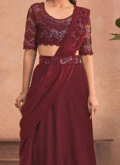 Maroon Chinon Silk Embroidered Ready Pleated Saree Party Wear