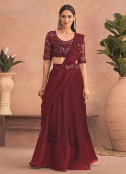 Maroon Chinon Silk Embroidered Ready Pleated Saree Party Wear -Deals Chic Lehenga Store maroon chinon silk embroidered ready pleated saree saska36307302f u