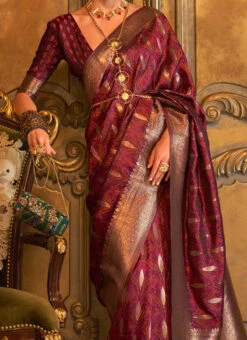Maroon Color Jacquard Woven Party Wear Silk Saree Festive Wear