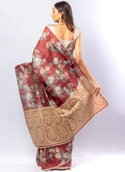 Maroon Pure Tussar Silk Digital Print Saree Party Wear -Deals Chic Lehenga Store maroon digital print tassar saree saksd10014 b