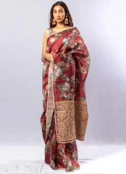 Maroon Pure Tussar Silk Digital Print Saree Party Wear -Deals Chic Lehenga Store maroon digital print tassar saree saksd10014 u