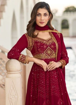 Maroon Faux Georgette Embroidered And Sequins Anarkali Suit Party Wear -Deals Chic Lehenga Store maroon faux georgette embroidered and sequins anarkali suit slska46571011 b
