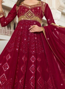 Maroon Faux Georgette Embroidered And Sequins Anarkali Suit Party Wear