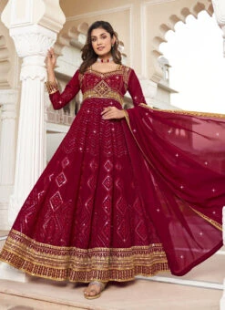 Maroon Faux Georgette Embroidered And Sequins Anarkali Suit Party Wear -Deals Chic Lehenga Store maroon faux georgette embroidered and sequins anarkali suit slska46571011 u