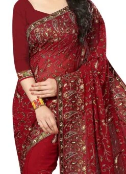 Maroon Georgette Embroidered Saree After Six Wear