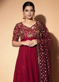 Maroon Georgette N Raw Silk Sequins Anarkali Suit Party Wear -Deals Chic Lehenga Store maroon georgette n raw silk sequins anarkali suit sldrnrkb0006 b