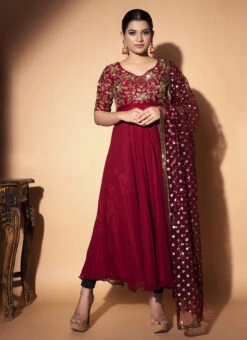 Maroon Georgette N Raw Silk Sequins Anarkali Suit Party Wear -Deals Chic Lehenga Store maroon georgette n raw silk sequins anarkali suit sldrnrkb0006 u