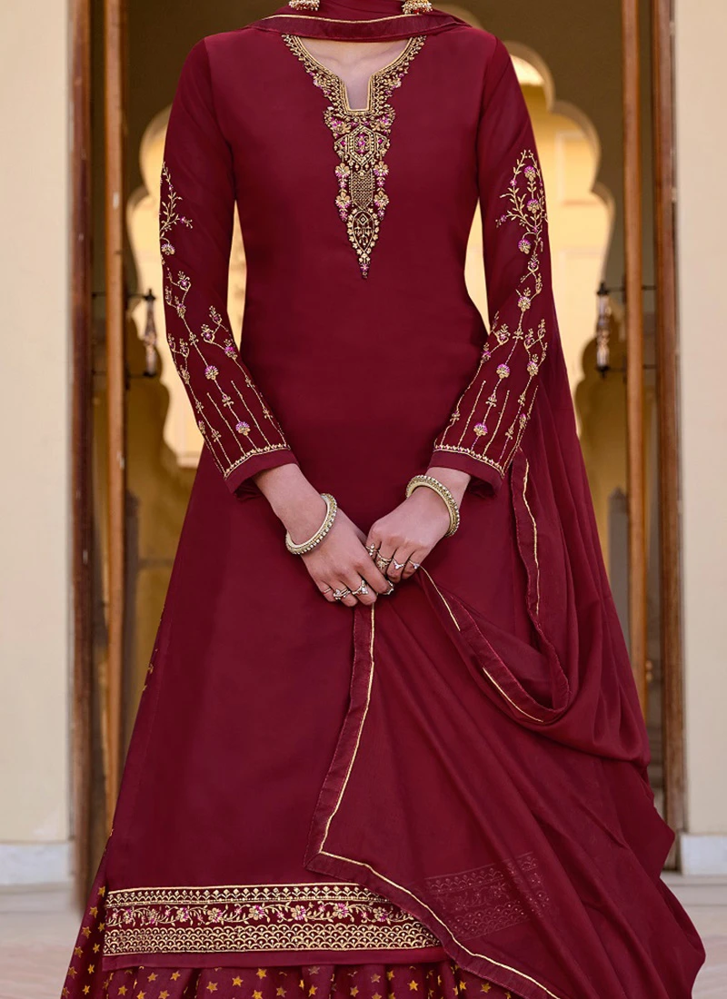 Maroon Jacquard Silk Foil Print Umbrella Lehenga Party Wear 1 Maroon Jacquard Silk Foil Print Umbrella Lehenga Party Wear