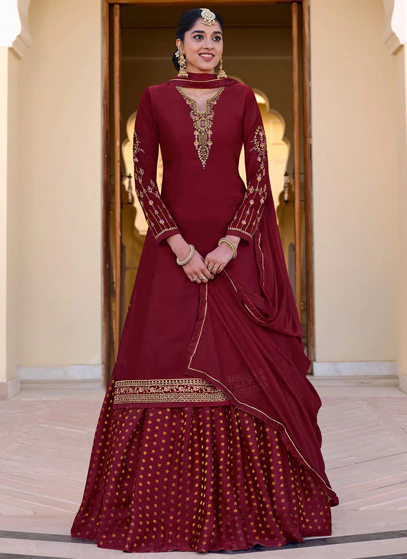 Maroon Jacquard Silk Foil Print Umbrella Lehenga Party Wear 3 Maroon Jacquard Silk Foil Print Umbrella Lehenga Party Wear - Image 3