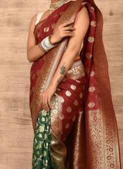 Maroon N Dark Green Banarasi Katan Silk Zari Weaving Half N Half Saree Festive Wear