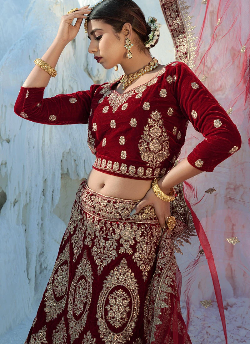 Maroon Velvet Embroidered Designer Lehenga Choli Festive Wear 4 Maroon Velvet Embroidered Designer Lehenga Choli Festive Wear - Image 4