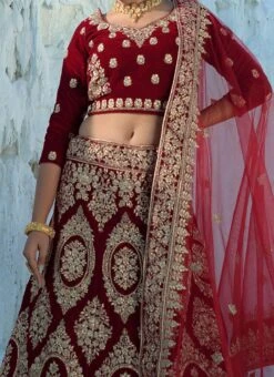 Maroon Velvet Embroidered Designer Lehenga Choli Festive Wear