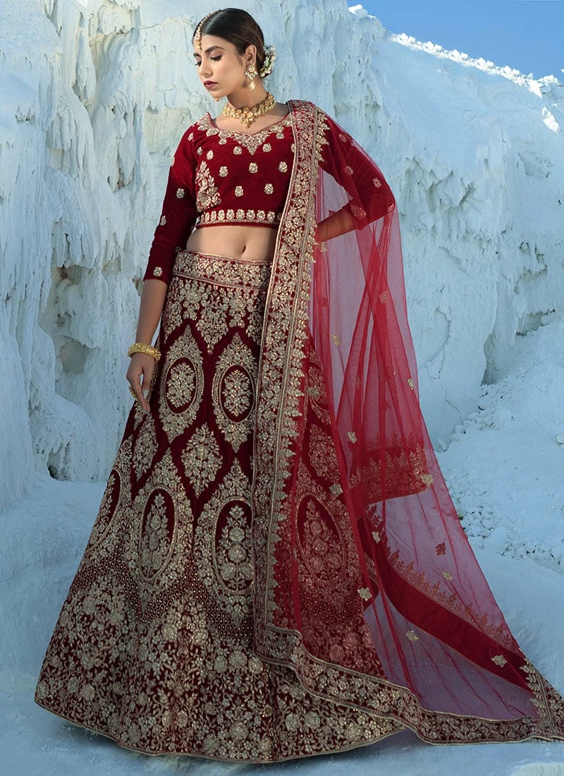 Maroon Velvet Embroidered Designer Lehenga Choli Festive Wear 3 Maroon Velvet Embroidered Designer Lehenga Choli Festive Wear - Image 3