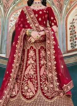 Maroon Velvet Embroidered Resham Umbrella Lehenga Wedding Wear