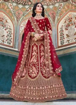 Maroon Velvet Embroidered Resham Umbrella Lehenga Wedding Wear -Deals Chic Lehenga Store maroon velvet embroidered resham umbrella lehenga ghska46822089 u