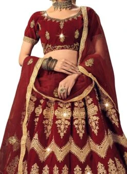 Maroon Velvet Machine Embroidered A Line Lehenga Festive Wear