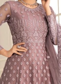 Mauve Net Embroidered Anarkali Suit Party Wear