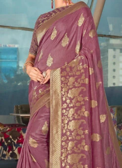 Mauve Silk Zari Work Saree Festive Wear