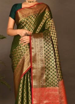 Mehndi Green Kanjeevaram Silk Zari Work Saree Festive Wear