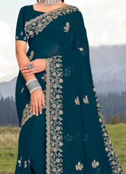 Mor Peach Faux Georgette Embroidered Saree Party Wear