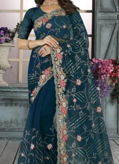 Morpeach Net Embroidered Saree Party Wear