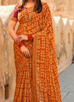 Moss Chiffon Printed Work Yellow Color Saree Party Wear