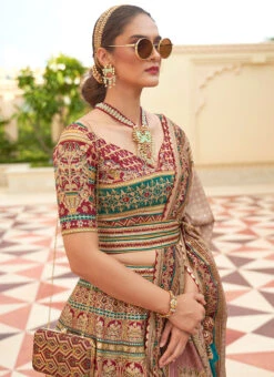 Multicolor Art Silk Banarasi Mirror Work Umbrella Lehenga Wedding Wear -Deals Chic Lehenga Store multicolor art silk banarasi mirror work umbrella lehenga ghsli210109 b