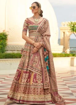 Multicolor Art Silk Banarasi Mirror Work Umbrella Lehenga Wedding Wear -Deals Chic Lehenga Store multicolor art silk banarasi mirror work umbrella lehenga ghsli210109 u