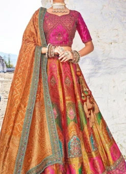 MultiColor Viscose Silk Embroidered Umbrella Lehenga Wedding Wear