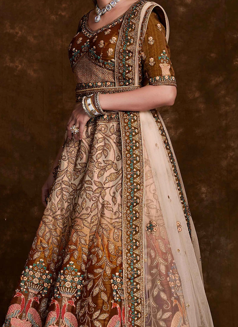Multicoloured Art Silk Embroidered Stones Umbrella Lehenga Wedding Wear 1 Multicoloured Art Silk Embroidered Stones Umbrella Lehenga Wedding Wear