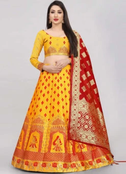 Mustard Banarasi Silk Brocade Work A Line Lehenga Choli Festive Wear -Deals Chic Lehenga Store mustard banarasi silk brocade work a line lehenga choli ghsommr2590 u