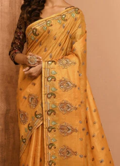 Mustard Pure Tussar Silk Embroidery Work Saree Festive Wear