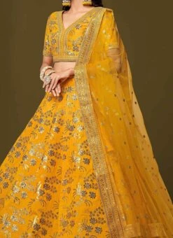 Mustard Art Silk Embroidered Umbrella Lehenga Party Wear