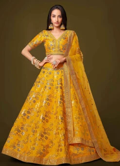 Mustard Art Silk Embroidered Umbrella Lehenga Party Wear -Deals Chic Lehenga Store mustard color art silk embroidered umbrella lehenga ghska46427811 u