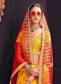 Mustard Color Art Silk Embroidery A Line Lehenga Party Wear -Deals Chic Lehenga Store mustard color art silk embroidery umbrella lehenga ghmkns3135 b