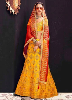 Mustard Color Art Silk Embroidery A Line Lehenga Party Wear -Deals Chic Lehenga Store mustard color art silk embroidery umbrella lehenga ghmkns3135 u