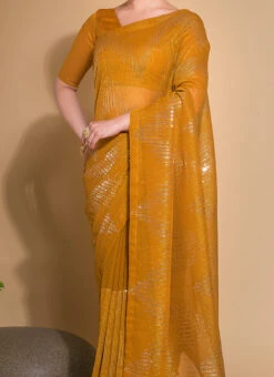 Mustard Color Sequins Work Georgette Saree Party Wear
