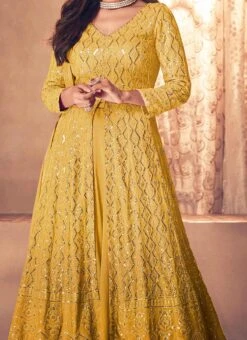 Mustard Faux Georgette Sequins Work Umbrella Lehenga Party Wear