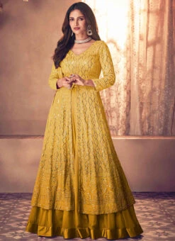 Mustard Faux Georgette Sequins Work Umbrella Lehenga Party Wear -Deals Chic Lehenga Store mustard faux georgette sequins work umbrella lehenga ghska4553123q u