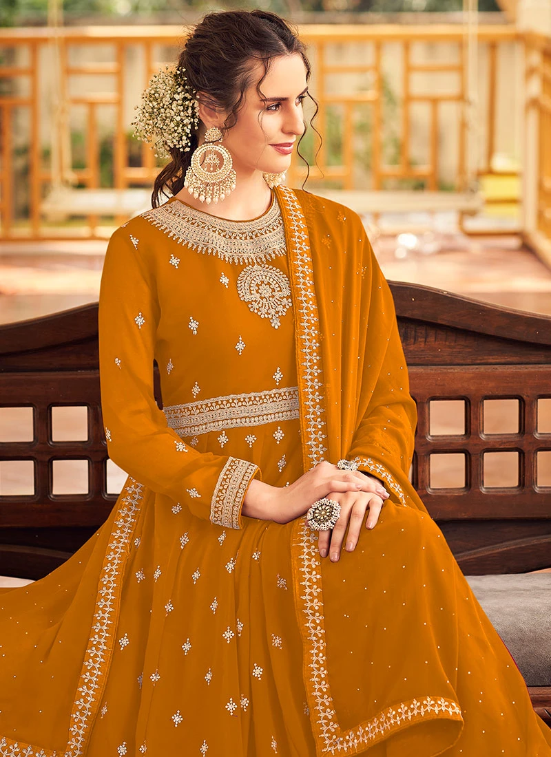 Mustard Georgette Embroidered Anarkali Suit Party Wear 4 Mustard Georgette Embroidered Anarkali Suit Party Wear - Image 4